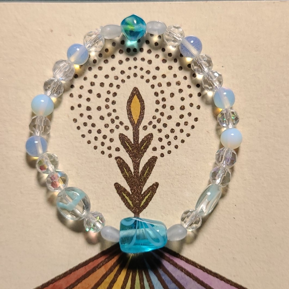 Stretch Bracelet Swarovski Crystal White Turquoise Venetian Glass Beach Gift Fun
